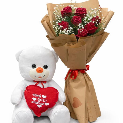Букет из 7 красных роз с мишкой, полный любви