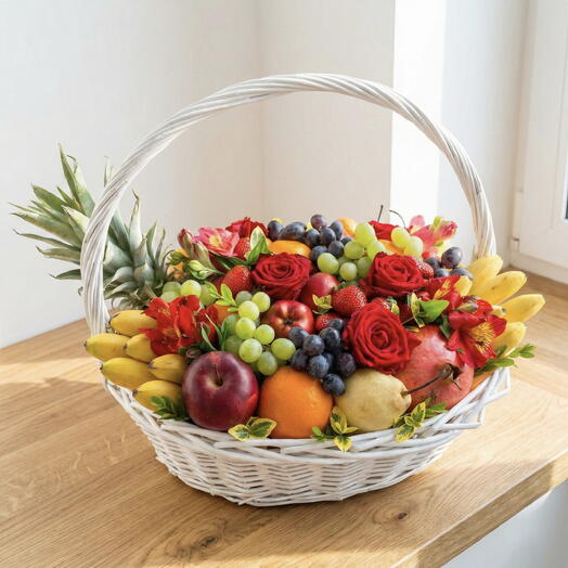 Luks Mevsim Meyve Sepeti – Çiçekli Premium Taze Meyve Aranjmanı