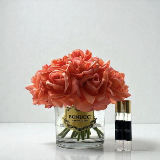 15-piece Premium Luxury Real-Touch Non-Wilting Rose Arrangement with Glass Vase - Coral