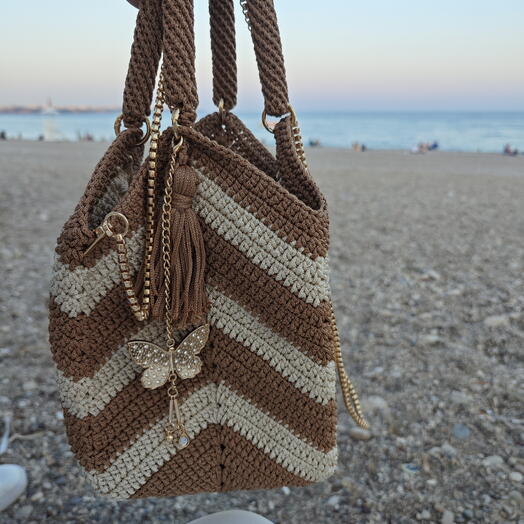 El Yapımı Örgu Makrome Çanta Zikzak Desenli Kahverengi