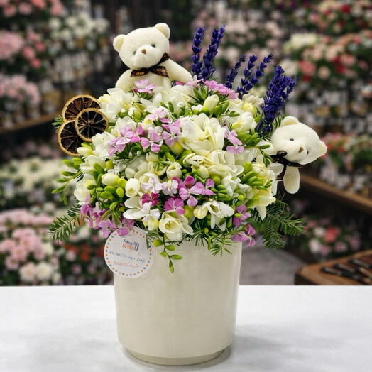 💐 Freesia with Teddy Bear   Lavender Arrangement