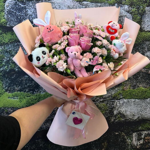 Peluş Ayıcıklı Pembe Gul Karanfil Buketi