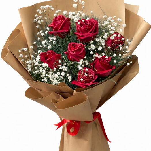 Букет из 7 красных роз – с деталями Cipso, крафт-дизайн