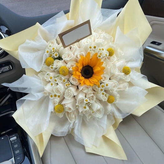 White Roses   Sunflower Bouquet