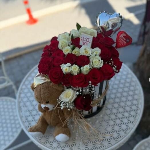Personalized lettered box, rose and teddy bear