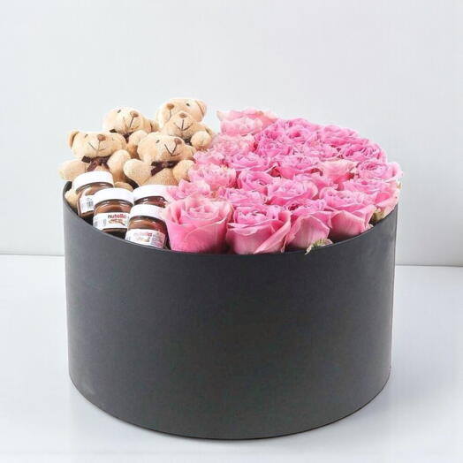 Siyah Kutuda 30 Pembe Gul, Ayıcık ve Nutella