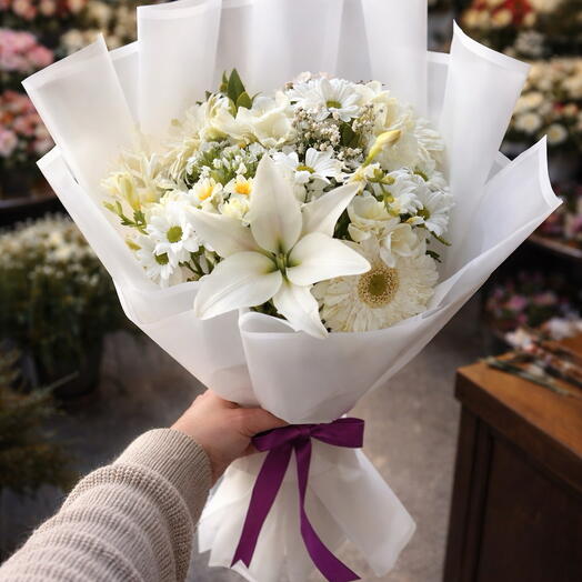 WhiteLove White Gerbera, Freesia and Lily Bouquet