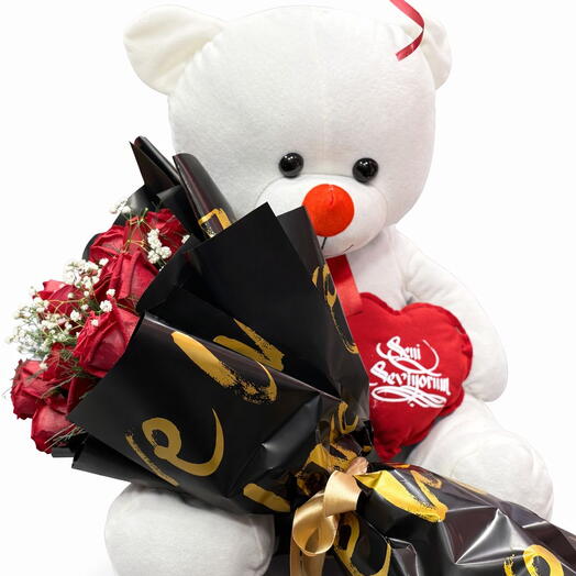 Премиум чёрно-золотой букет роз   Набор с милым мишкой