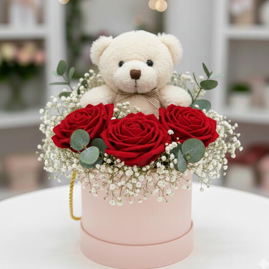 Cipso eşliğinde Kutuda ayıcık ve gul