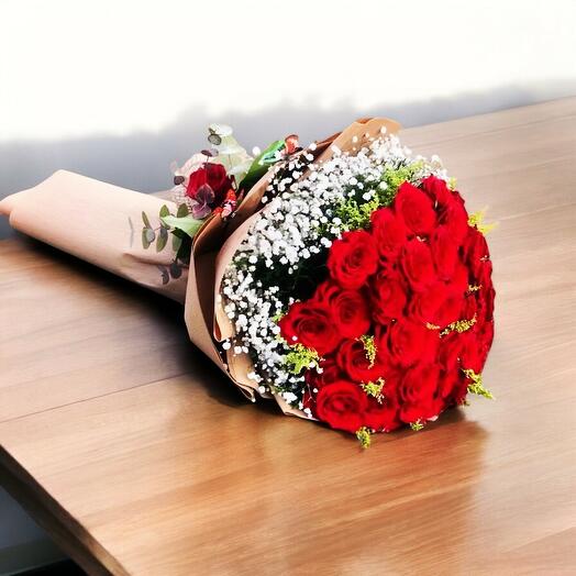 41 Red Roses and White Gypsophila Bouquet