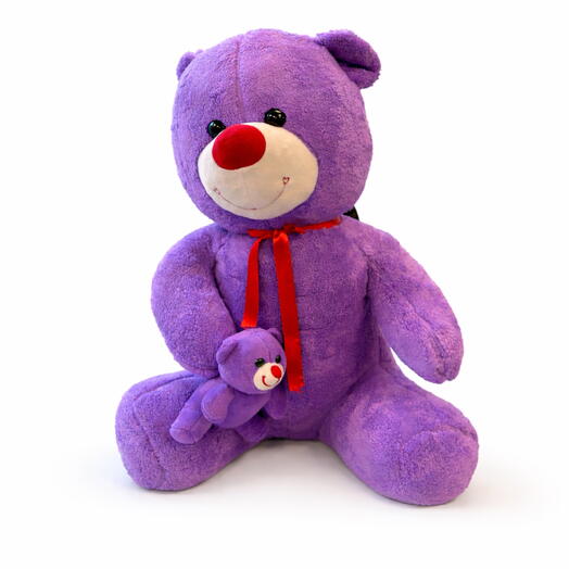 Orta Boy Mor Peluş Ayı – Mini Ayıcık Detaylı, Kırmızı Kurdeleli Sevimli Oyuncak