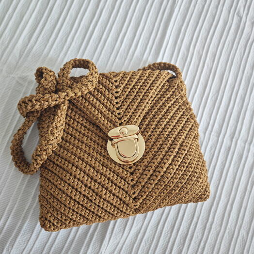 El Yapımı Örgu Makrome Çanta Açık Kahve