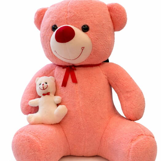 Orta Boy Pembe Peluş Ayı – Mini Beyaz Ayıcık Detaylı, Kırmızı Kurdeleli Sevimli Oyuncak