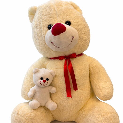 Orta Boy Krem Peluş Ayı – Mini Kırmızı Ayıcık Detaylı, Kırmızı Kurdeleli Sevimli Oyuncak