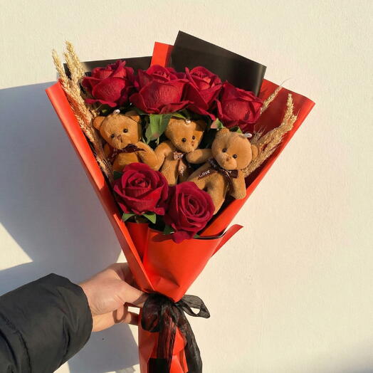 Ayıcıklı gul buketi