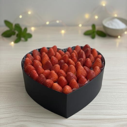 Premium Siyah Kalp Kutuda Taze Çilek Aranjmanı
