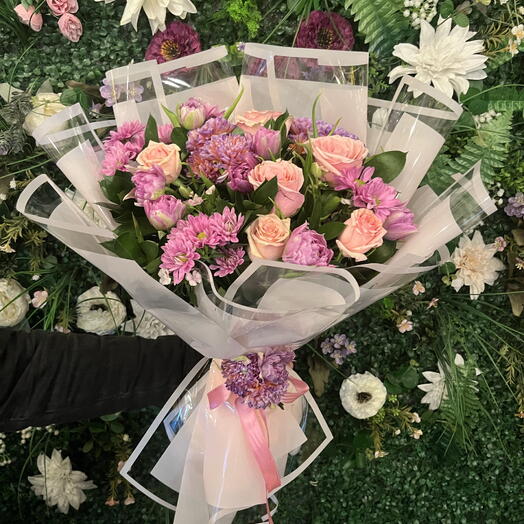 Premium Mor İthal Lale Pembe Gul Buket