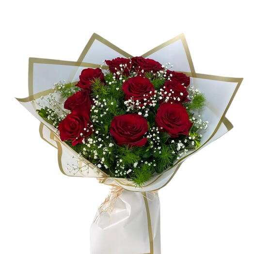 Beyaz Ambalaj Kağıdında 10 lu Kırmızı Gul Buketi