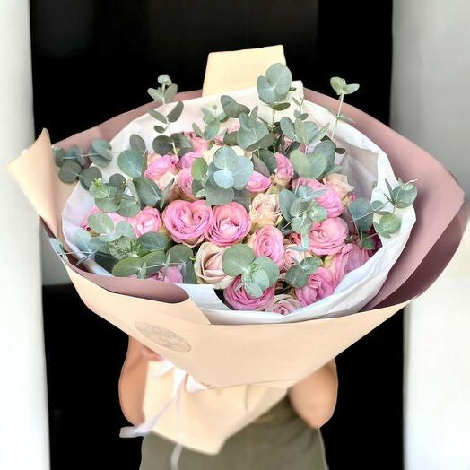 Pudra Pembe İthal Gul   Okaliptus Mono Buket