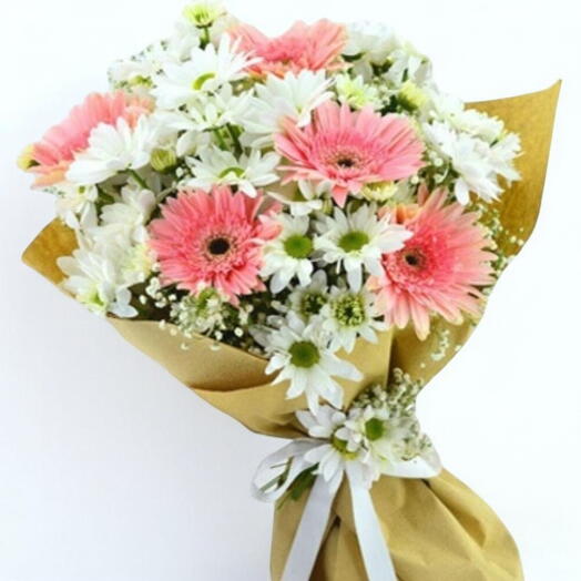 Beyaz Papatya Ve Pembe Gerbera  Buketi