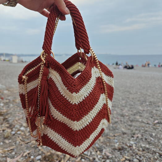 El Yapımı Örgu Makrome Çanta Zikzak Desenli Kiremit