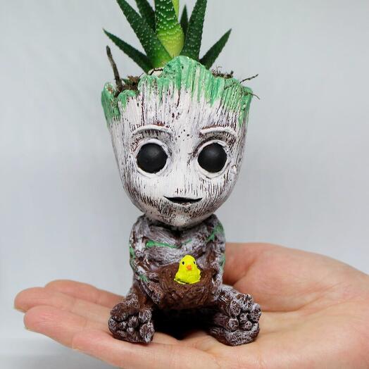 Groot 3D Dekoratif Saksı+ Canlı Sukulent Bitkili civciv figurlu