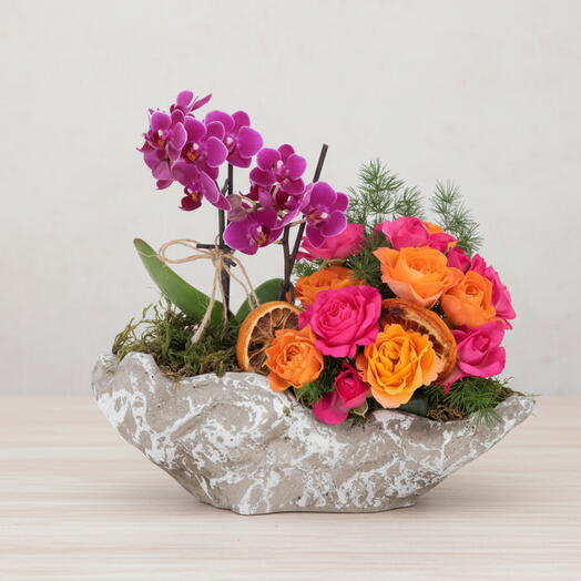 KAYIK SAKSIDA 2Lİ MİNİ MOR ORKİDE VE TURUNCU PEMBE ÇARDAK GÜL ARAJMAN