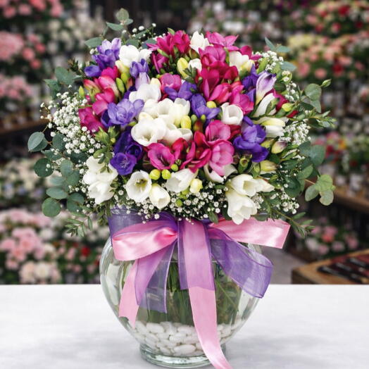 💜🌸 Colorful Freesia Arrangement in a Glass Dome | Chic and Airy Design