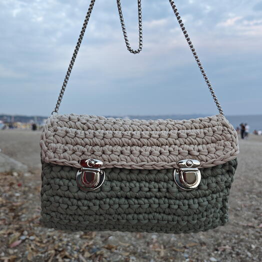 El Yapımı Örgu Penye Çanta Yeşil - Bej