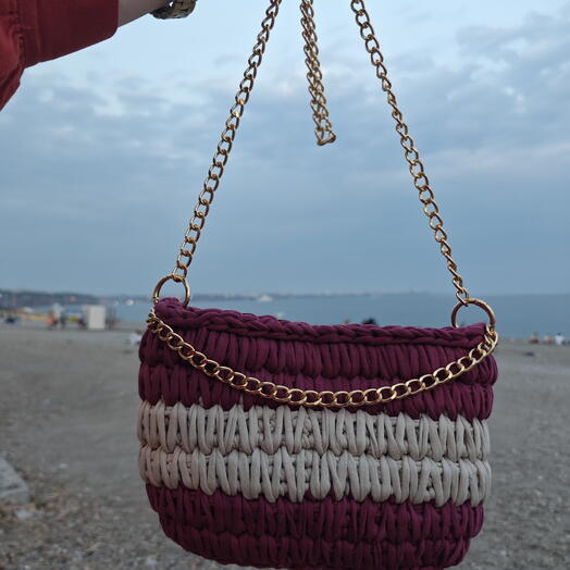 El Yapımı Örgu Penye Çanta Mor - Krem
