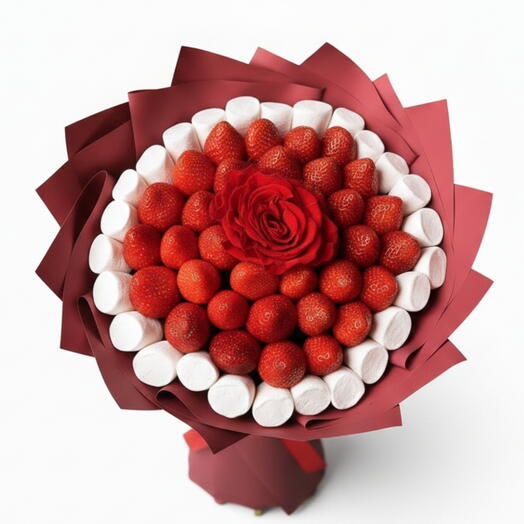 Kırmızı Gul Detaylı Taze Çilek ve Marshmallow Buketi