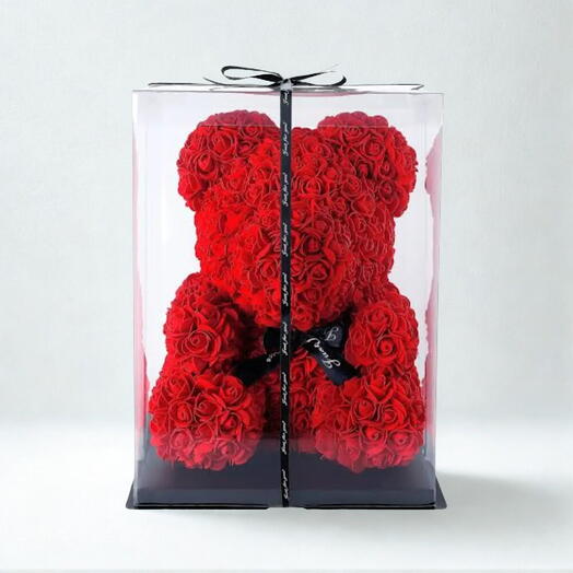 Şeffaf Kutuda Teddy Rose Kırmızı Ayıcık (~45cm)