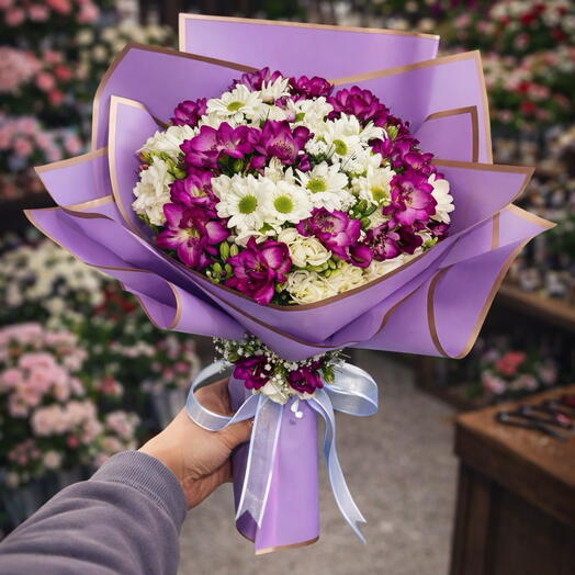 White Daisy   Purple Freesia Bouquet | The Meeting of Elegance and Naturalness
