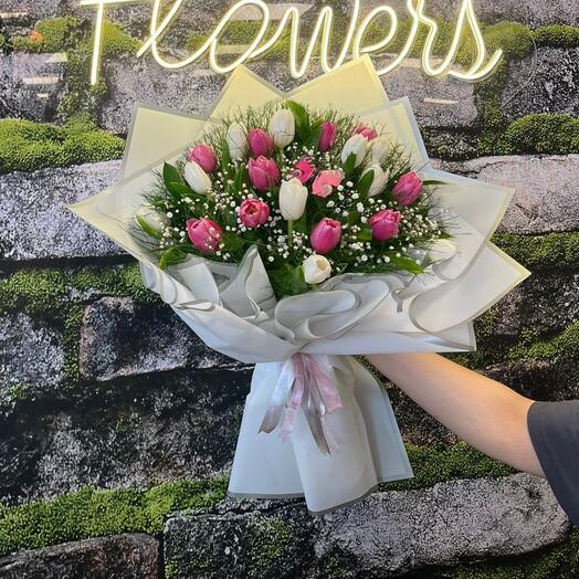 Premium Buyuk Boy 20 Li Pembe ve Beyaz Lale Buketi 💕
