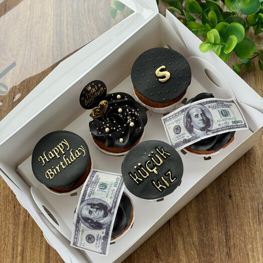 Black   Gold yazılı ve yenilebilir dolarlı cupcake box 6 lı