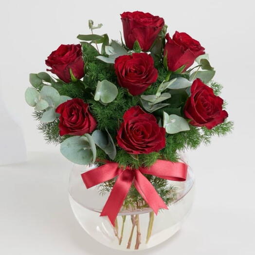 🌹 Akvaryum Cam Vazoda 7 Kırmızı Gul