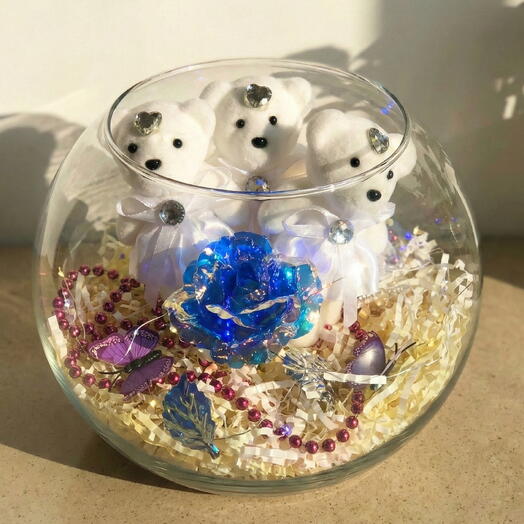 Cam Fanus İçerisinde Ayıcıklar ve Gul - Led Işıklı Tasarım