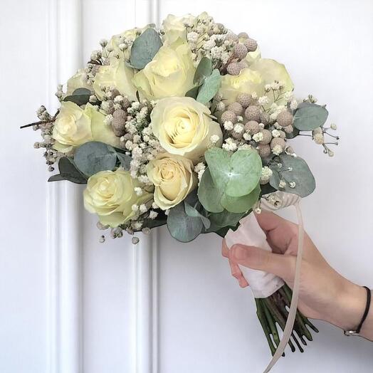 Zarif Gelin Buketi – Beyaz Gul   Cipsofilya ile