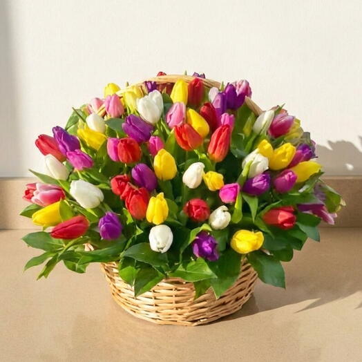 Colorful Tulips in a Basket