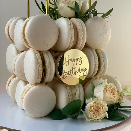 Elegant Vanilla Macaron Cake with Flowers