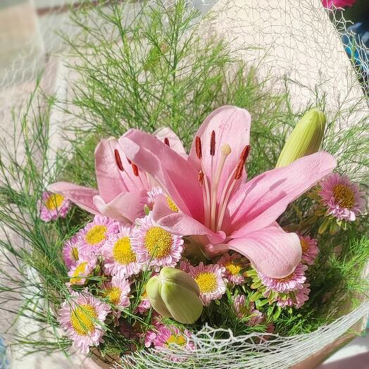 Lily pink daisy - lilyum ve pembe papatya buketi