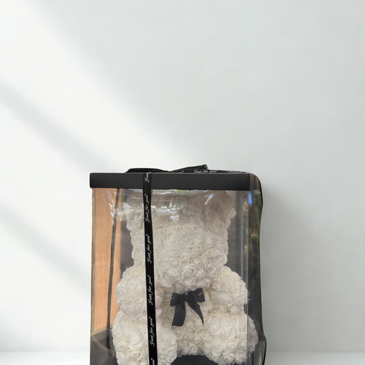Şeffaf Kutuda Teddy Rose Beyaz Ayıcık (~45cm)