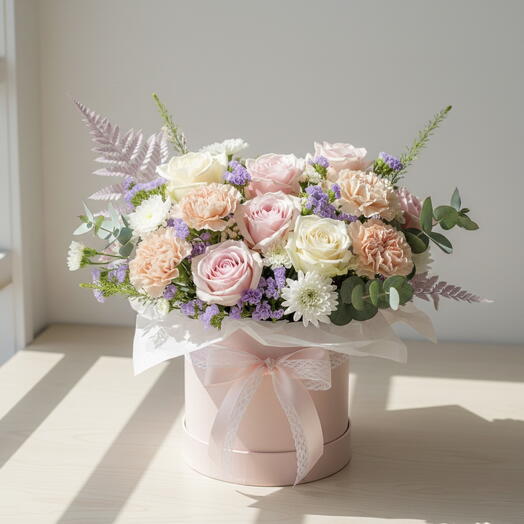 Caja Floral Pastel de Lujo con Rosas Blancas y Rosas Spray – Arreglo Elegante en Caja