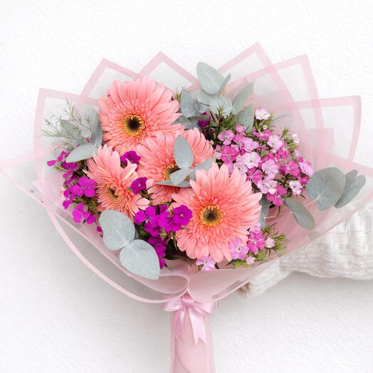 Powder Bouquet with Pink Gerberas and Hyssop