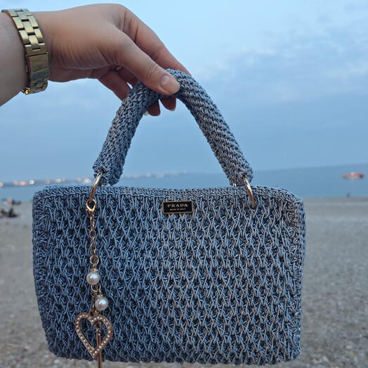 El Yapımı Örgu Mumlu İp Mavi Charmlı Çanta