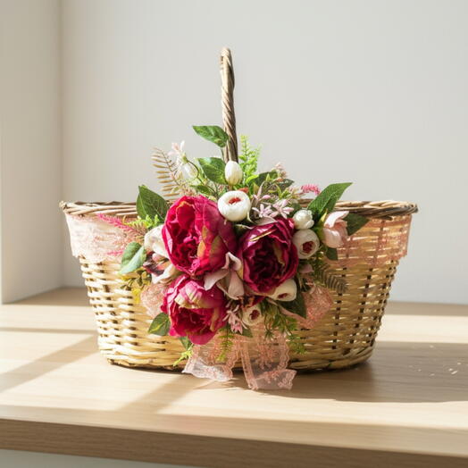 Çiçekli Hasır Piknik Sepeti