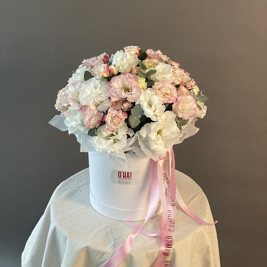 Box of roses and lisianthus