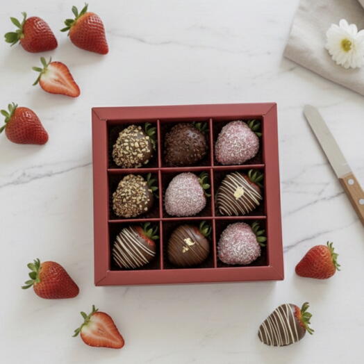 Premium Red Box: Fındık Ve Hindistan Cevizi Suslemeli Çikolatalı Meyve Aranjmanı