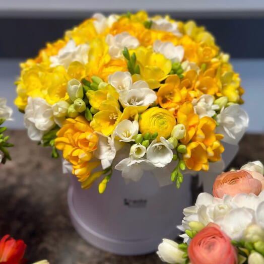 Sarı Frezya   Sarı Ranunkulus Çiçek Kutus
