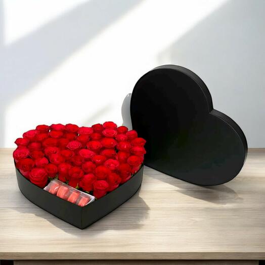 40 Red Roses and Macarons in a Heart Box